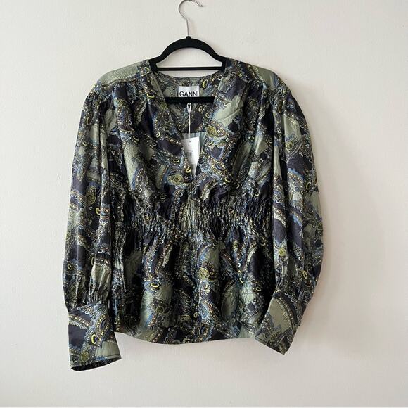 Ganni Mosaic Print Long Sleeve Deep V-Neck Blouse - Picture 2 of 10